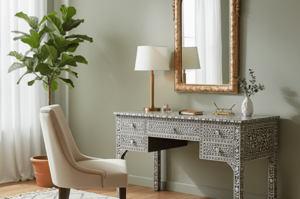 Mother of Pearl Inlay Floral Five Drawer Desk Grey