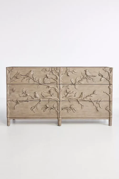 Handcarved Bird Wooden Six Drawer Dresser