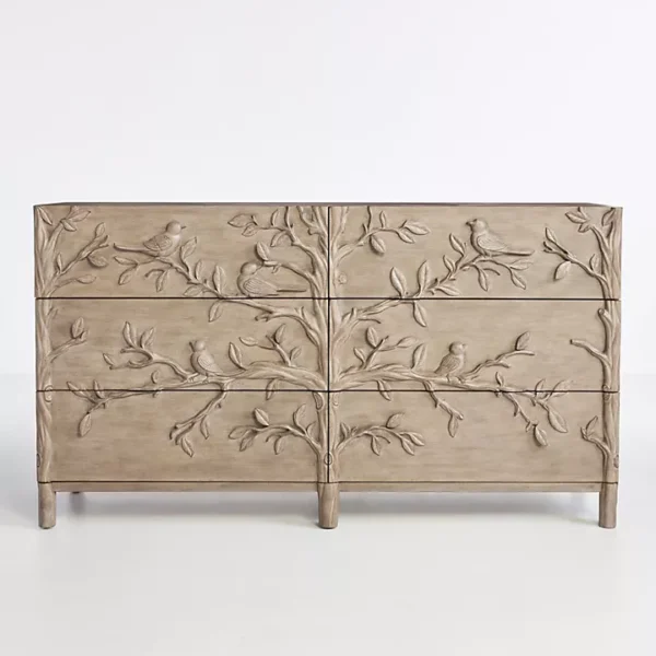 Handcarved Bird Wooden Six Drawer Dresser