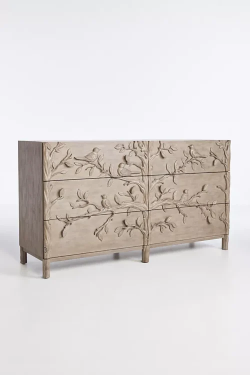 Handcarved Bird Wooden Six Drawer Dresser