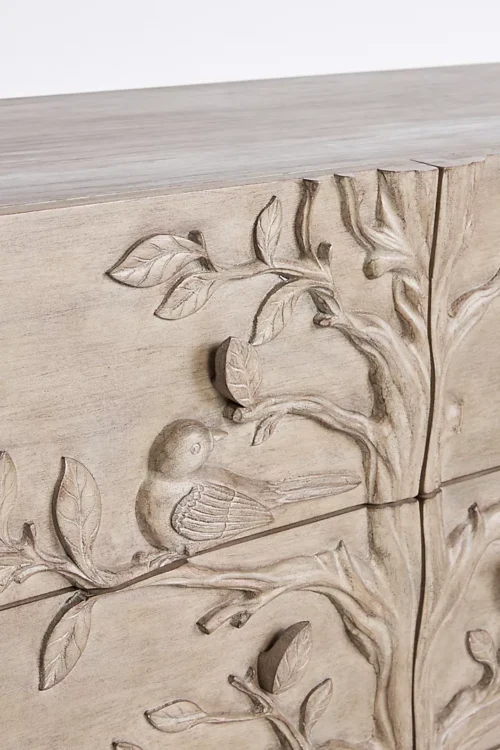 Handcarved Bird Wooden Six Drawer Dresser