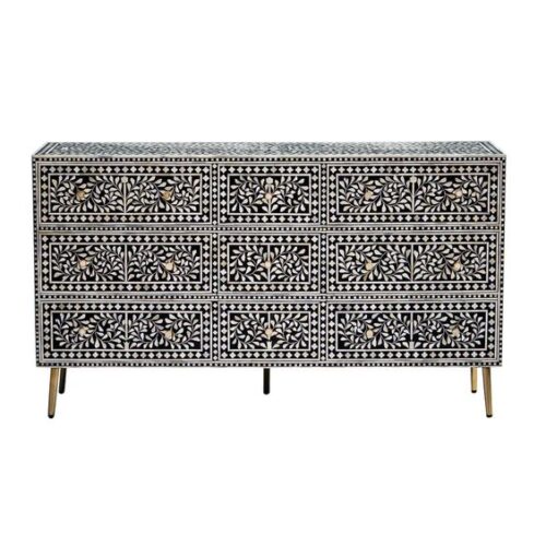 Floral Intertwine Bone Inlay Chest of 9 Drawers