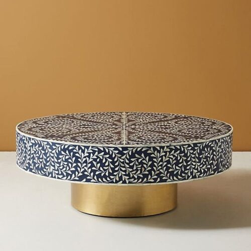 Bone Inlay Coffee Table Floral Intertwine with Brass Polished Base