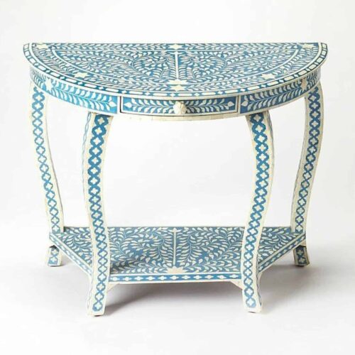 Floral Bone Inlay Console Table in Light Blue