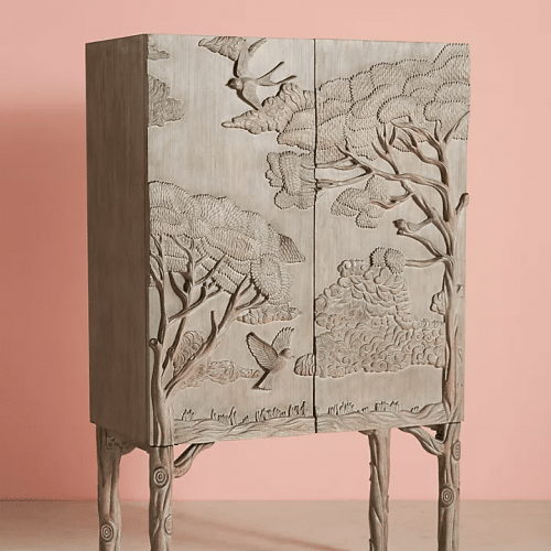 Handcarved Jungle Wooden Bar Cabinet