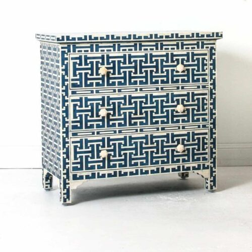 Dark Blue Bone Inlay Chest Of 3 Drawers Lattice