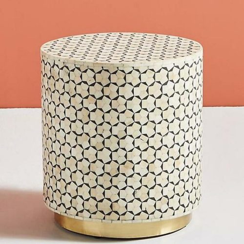 Targua Bone Inlay Drum / Side table in Black and White with Brass polished Base