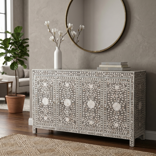 Buffet Table Mother of Pearl Floral Design in Grey