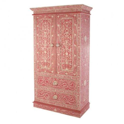 Floral Leaf Bone Inlay Almirah / Armoire / Cupboard in Pink