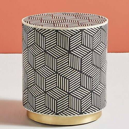 Side table in Black / Bone Inlay Drum with Brass Polished Base