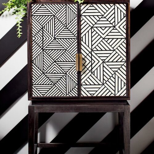 Striped Black Bone Inlay Bar Cabinet