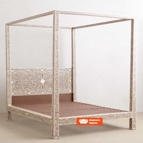 Floral Brown 4 Post Bone Inlay Bed