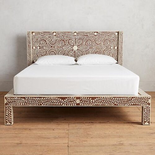Floral Brown Bone Inlay Bed Frame