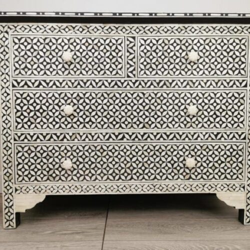 Geometric Pattern Bone Inlay Chest of 4 Drawers