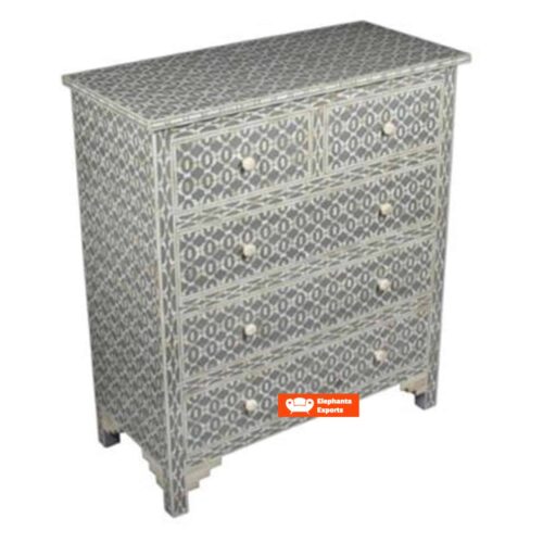 Geometric Design Bone Inlay Chest of 5 Drawers in Grey