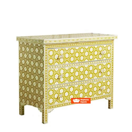 Mustard Color Bone Inlay Chest of 3 Drawers in Floral