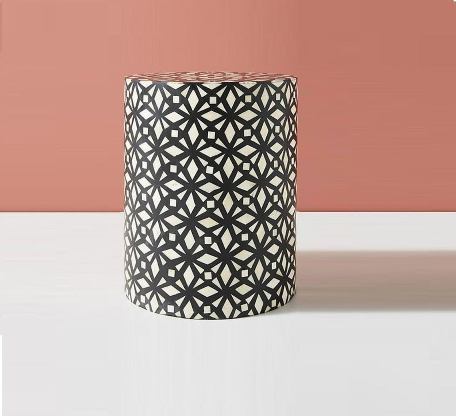 Bone Inlay Geo Drum / Stool in Black