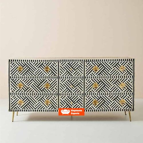 Striped Design Bone Inlay Chest of 9 Drawers