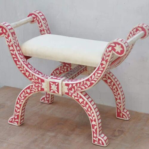 Floral Bone Inlay Ottoman / Roman Stool / Provincial Seating
