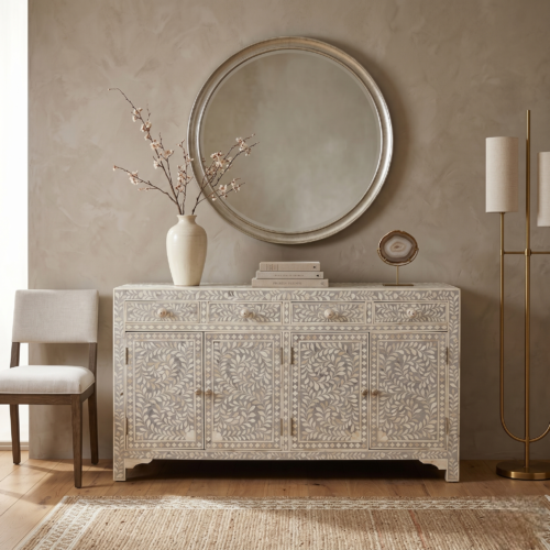 Floral Bone Inlay Side Board in Dove Grey