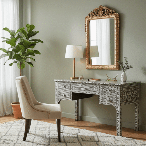 Mother of Pearl Inlay Floral Five Drawer Desk Grey