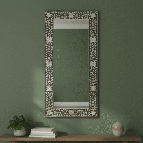 Rectangular Floral Mother of Pearl Inlay Mirror in Black