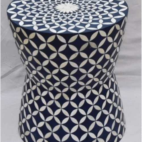 Bone Inlay Drum / Bar Stool in Dark Blue Geometric Pattern