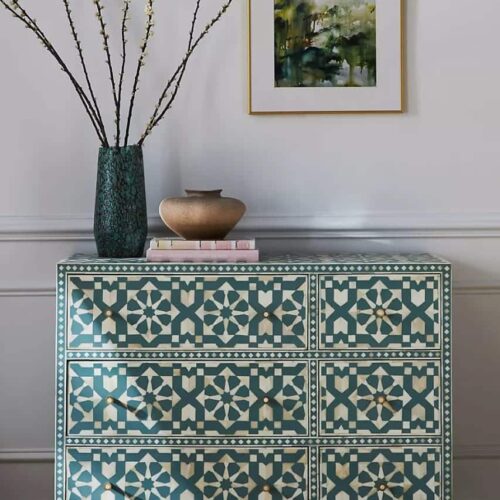 Moroccan Bone Inlay Chest of 6 Drawers in Green