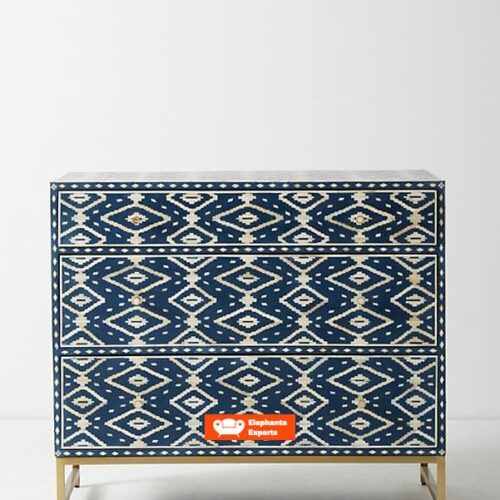 Ikat Design Handmade Bone Inlay Chest of 3 Drawers Table in Blue