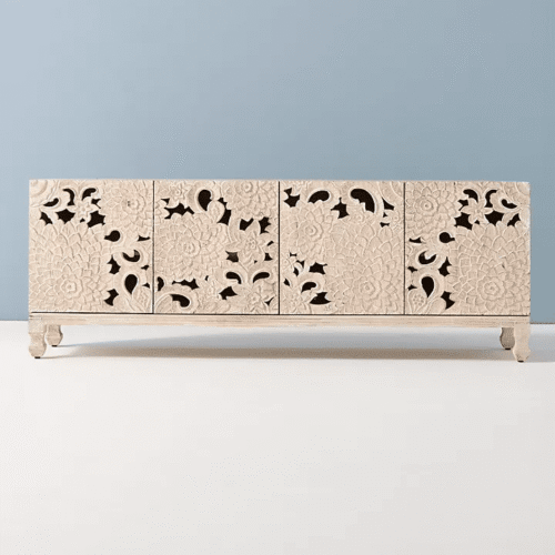 Wooden Media Cabinet Handcarved Lotus Design