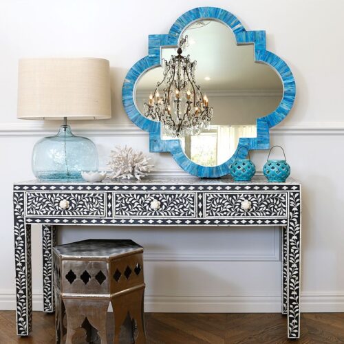 Quatrefoil Bone Inlay Mirror Turquoise