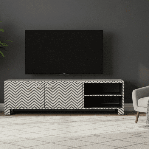 Chevron Bone Inlay Media Console / Entertainment Unit in Black