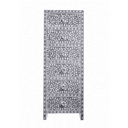 Mother of Pearl Inlay Tall Boy Chest Floral in Grey