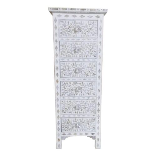 Mother of Pearl Inlay Tall Boy Chest Floral in White