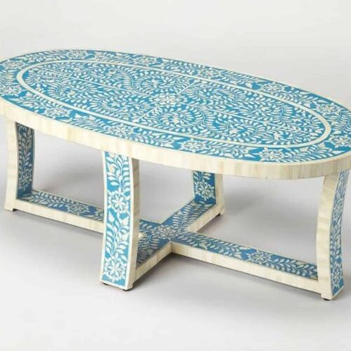 Bone Inlay Floral Coffee Table in Blue