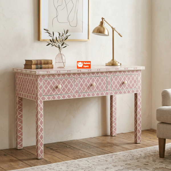 Pink Bone Inlay Desk - 100cm Geometric Pattern Office Desk & Console