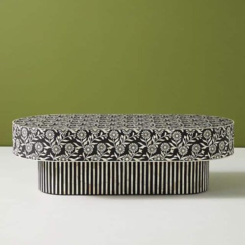 Indian Bone Inlay Coffee Table Oval in Black