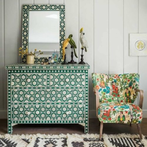 Bone Inlay Garland Chest of 4 Drawers in Jade Green