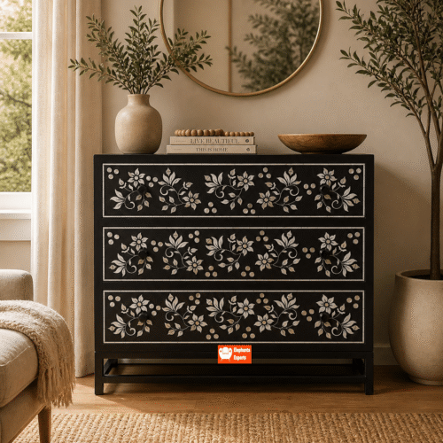 Black Floral Mother of Pearl Inlay Chest of Drawers