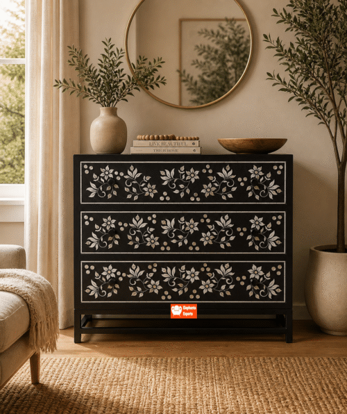 Black Floral Mother of Pearl Inlay Chest of Drawers