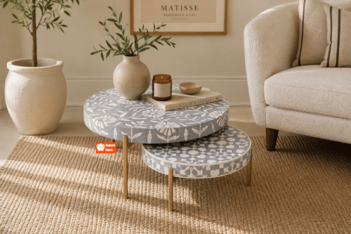 Bone Inlay Nesting Coffee Tables in Grey Fusion Pattern