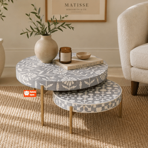 Bone Inlay Nesting Coffee Tables in Grey Fusion Pattern