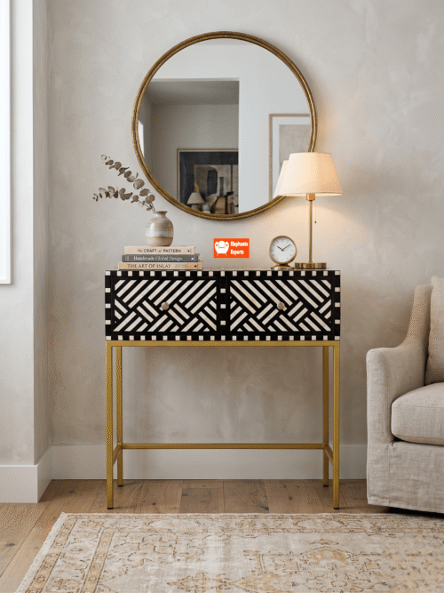 Striped Bone Inlay Console Table with Brass Base