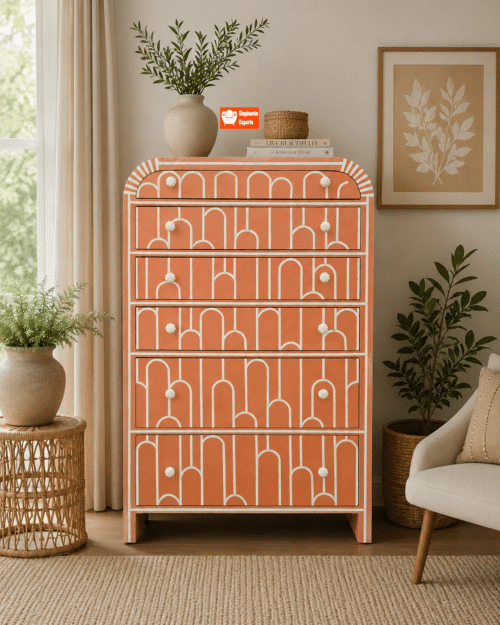 Tall Boy Arch Bone Inlay Chest of Drawers