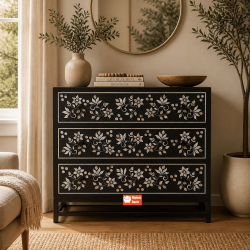 Black Floral Mother of Pearl Inlay Chest of Drawers